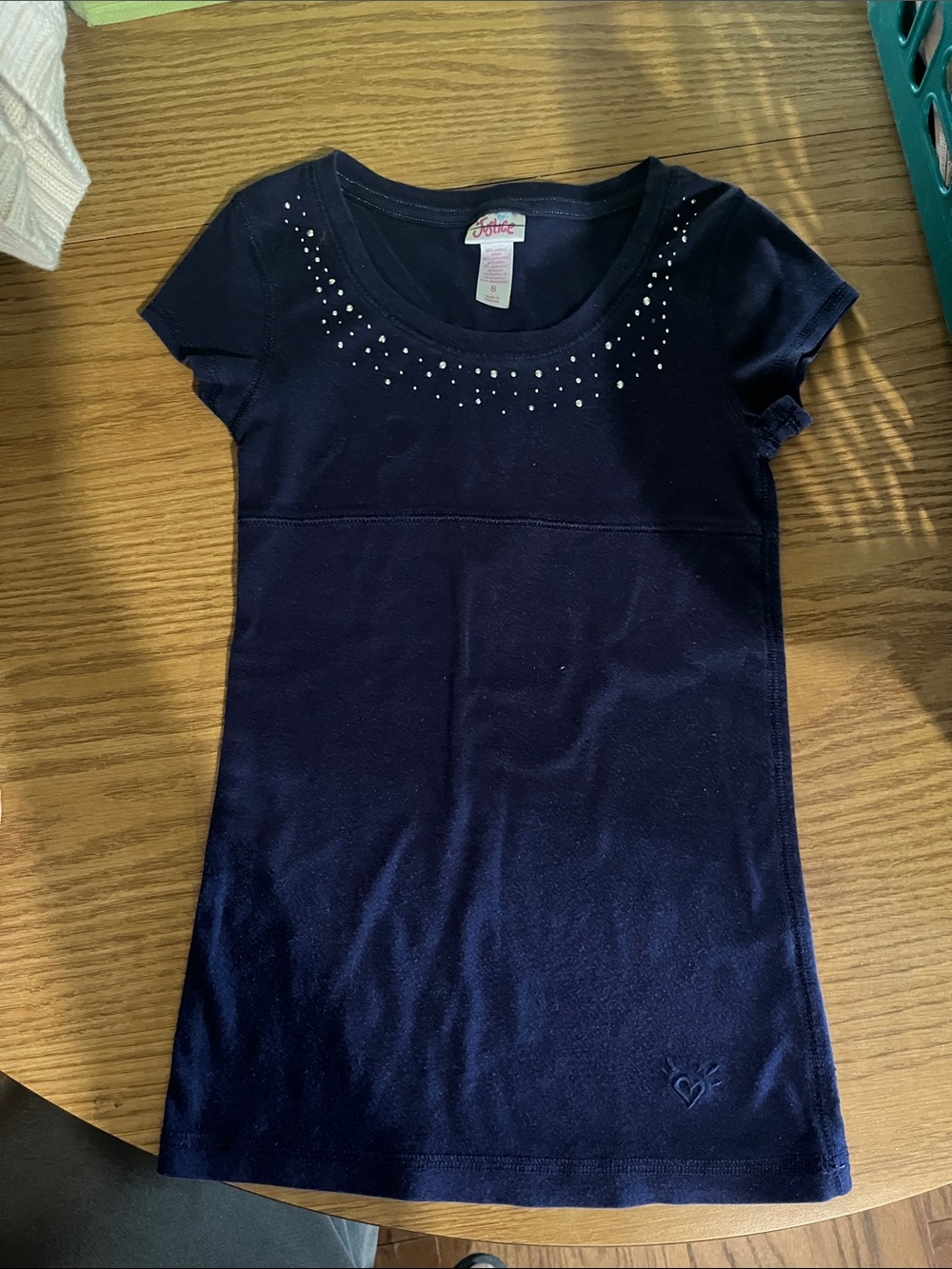 Vintage Justice Navy Short Sleeve Tee with Rhinestone Neckline Juniors size 8